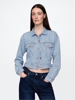 GAP UltraSoft Denim Stripe Cropped Icon Jacket NWT Size L